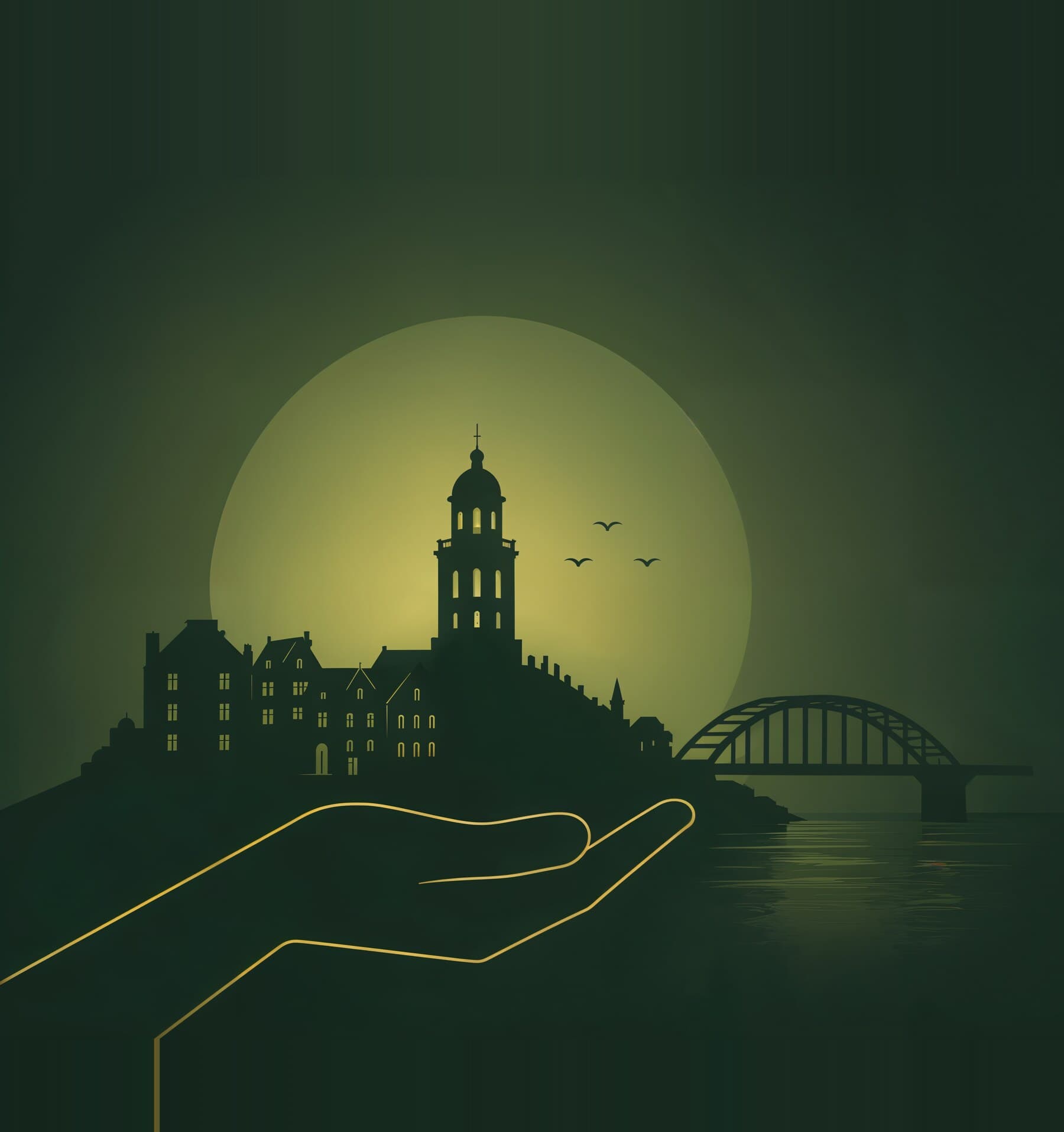 Illustratie van de Deventer skyline met de Lebuinustoren en de IJsselbrug, gedragen door een hand